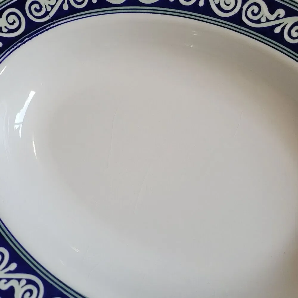 pier 1  Farm House Ceramic oval serving bowl vitra scroll green rim 12
